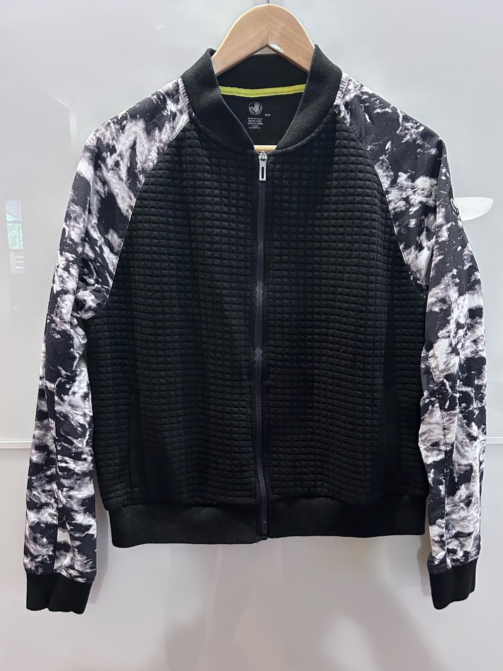 Body Glove Black Quilted Bomber Jacket with Marble Print Sleeves